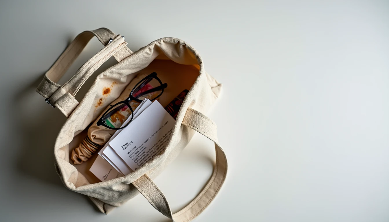 Open canvas tote with glasses, receipts, hair elastic, granola wrapper, and keys inside.