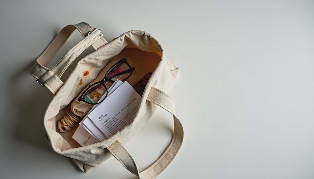 What's Really in My Bag Open canvas tote with glasses, receipts, hair elastic, granola wrapper, and keys inside.
