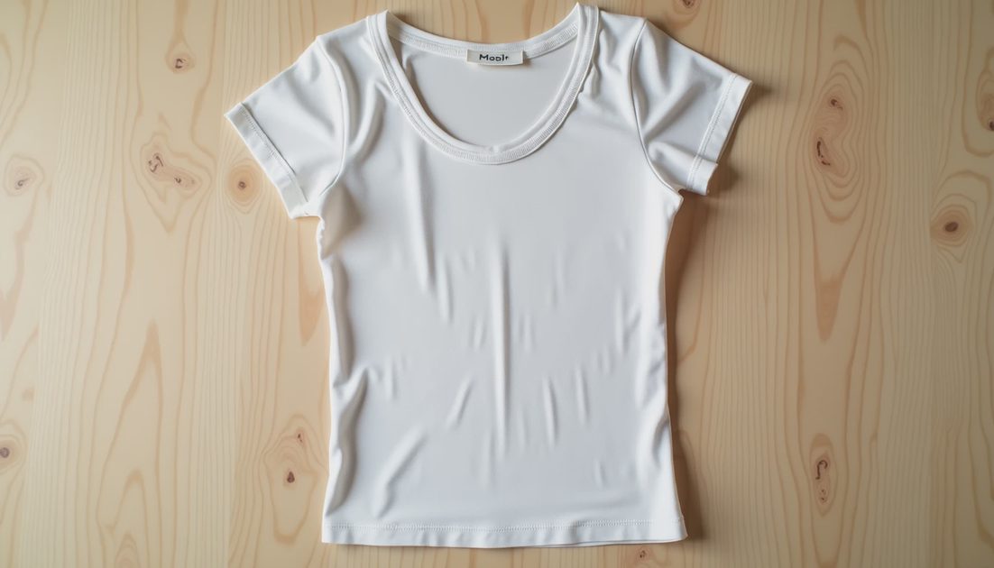 The Scoop Neck Fix Flat lay of a scoop neck top on light wood