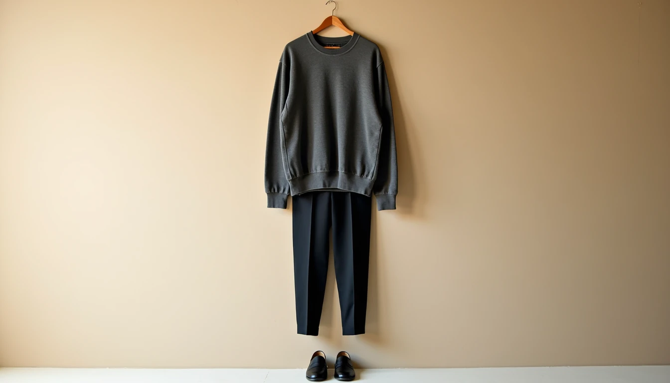 Oversized merino sweater with small hole layered over straight-leg trousers on a hanger.