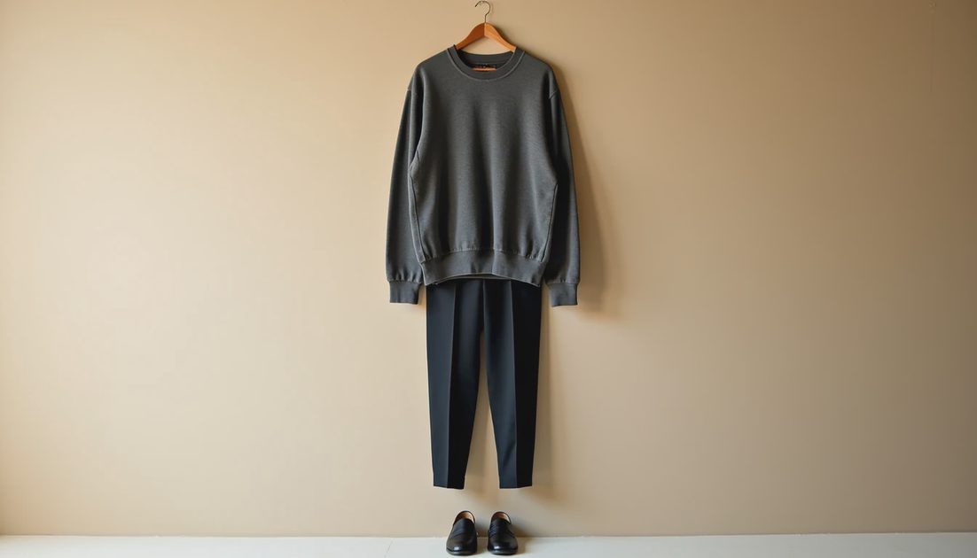Borrowed Sweater Outfit Display Oversized merino sweater with small hole layered over straight-leg trousers on a hanger.