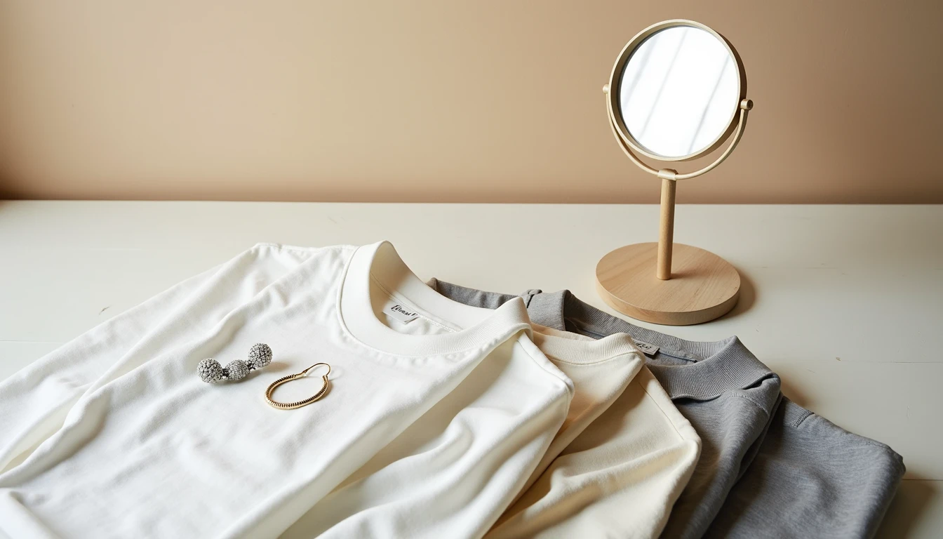 Flat lay of mirror, silver and gold jewelry, and white, cream, gray shirts for at-home color season test.