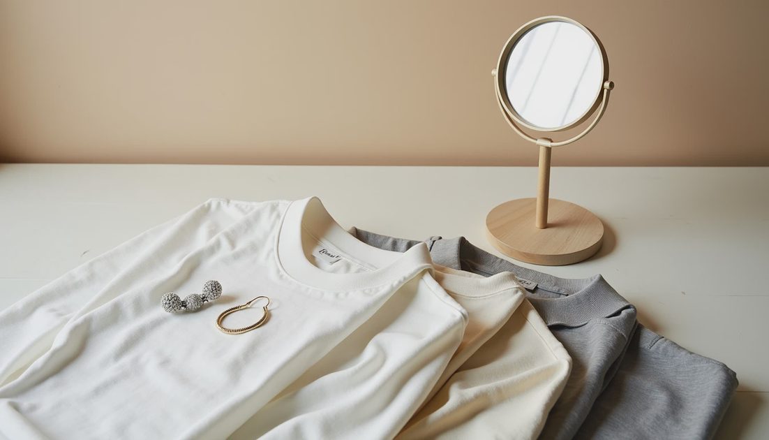 DIY Color Season Test Flat lay of mirror, silver and gold jewelry, and white, cream, gray shirts for at-home color season test.