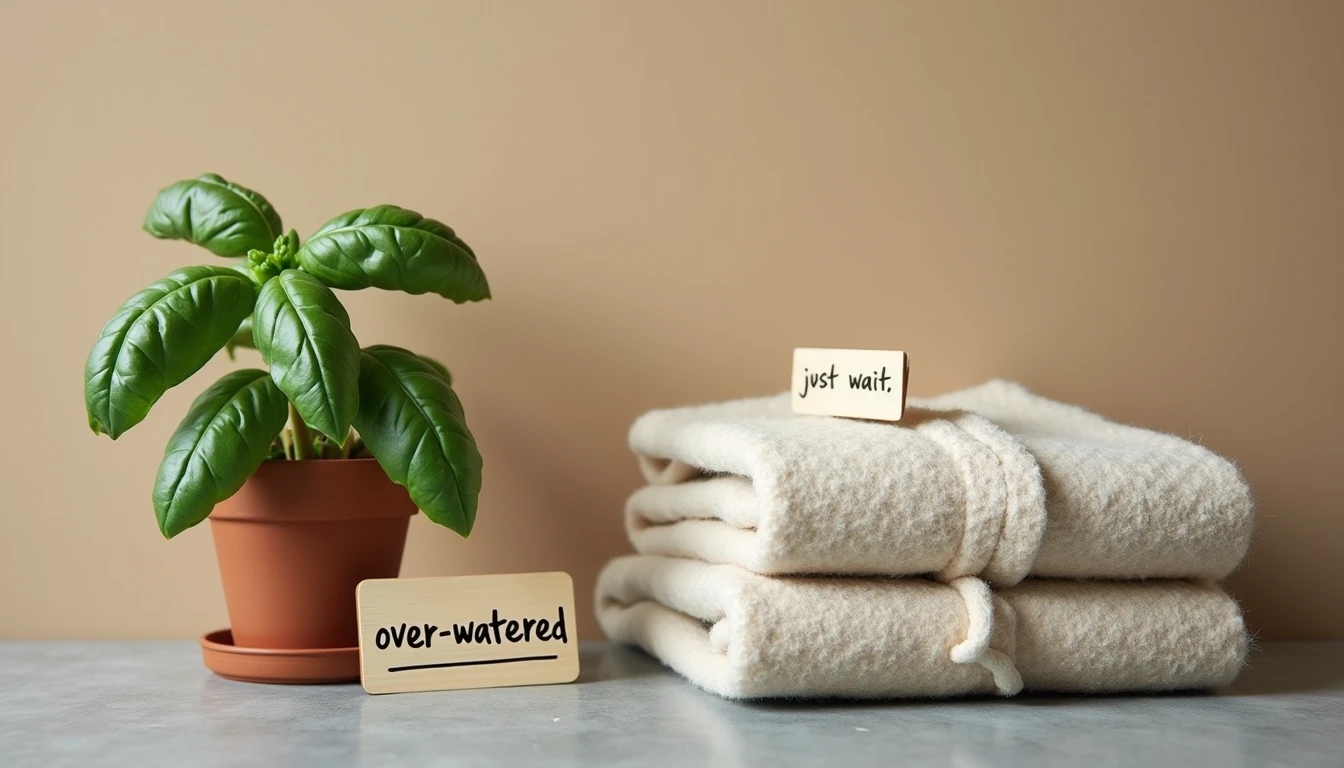 Wait. Stop Fussing. Clay pot with sad basil next to folded coat