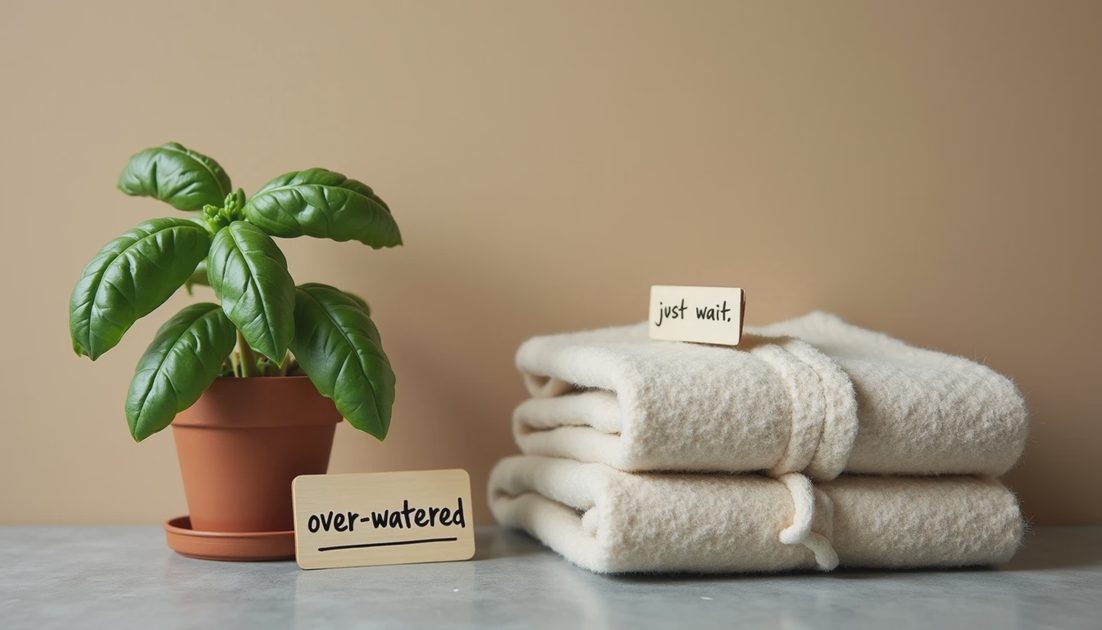 Wait. Stop Fussing. Clay pot with sad basil next to folded coat