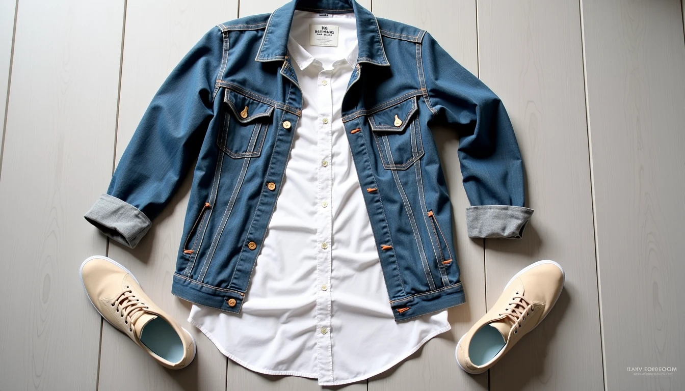 White button-down layered with denim jacket and sneakers