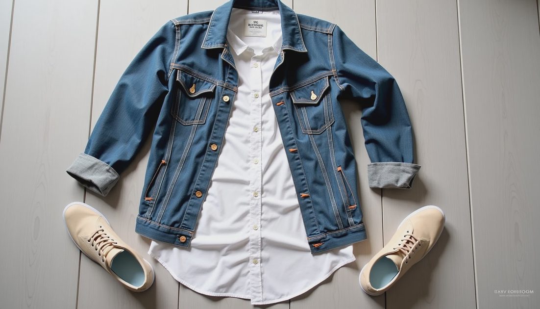 Weekend Outfit Foundation White button-down layered with denim jacket and sneakers