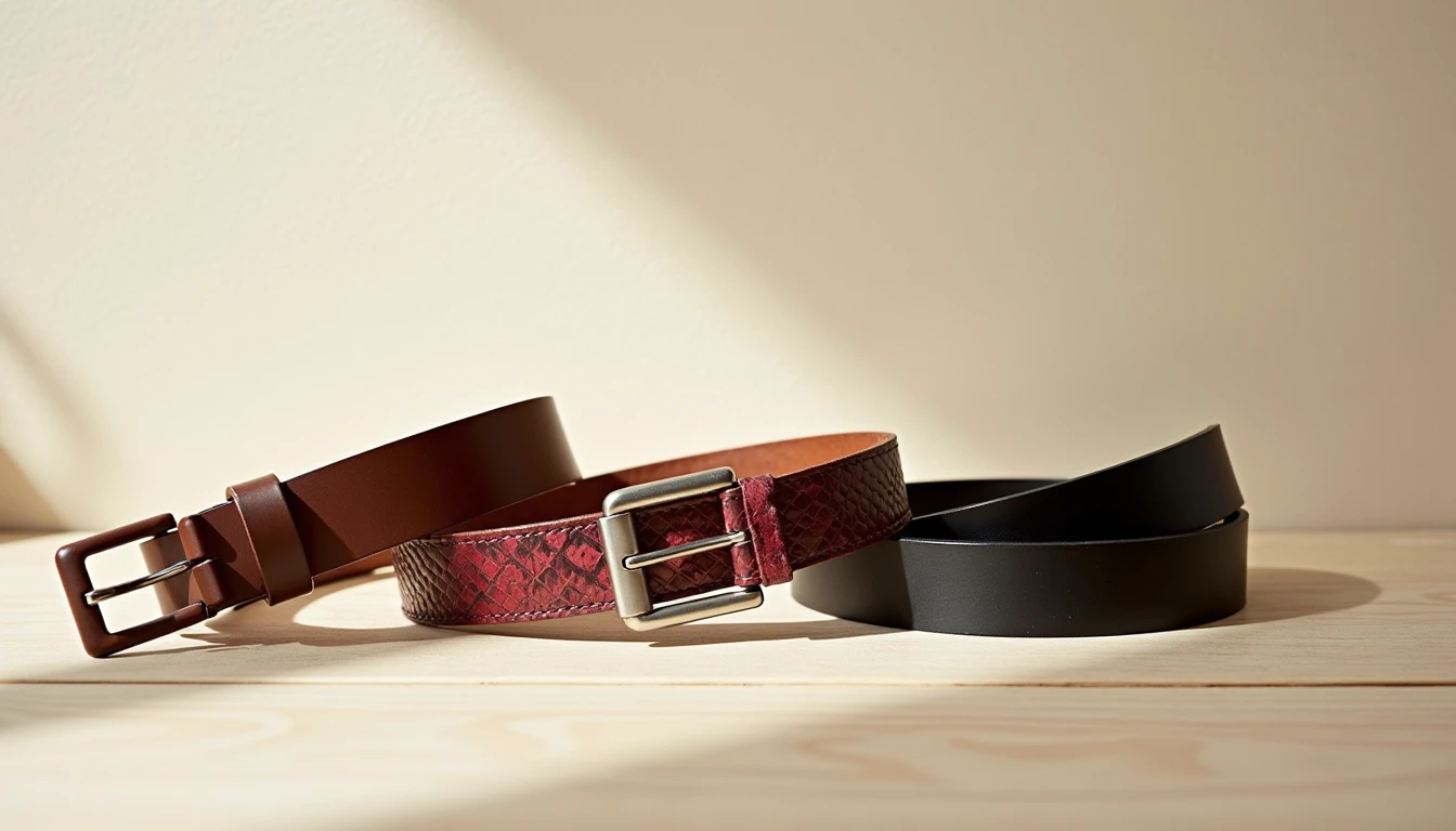 Three neutral belts laid flat on light wood