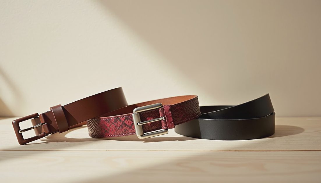Three Essential Belts Three neutral belts laid flat on light wood