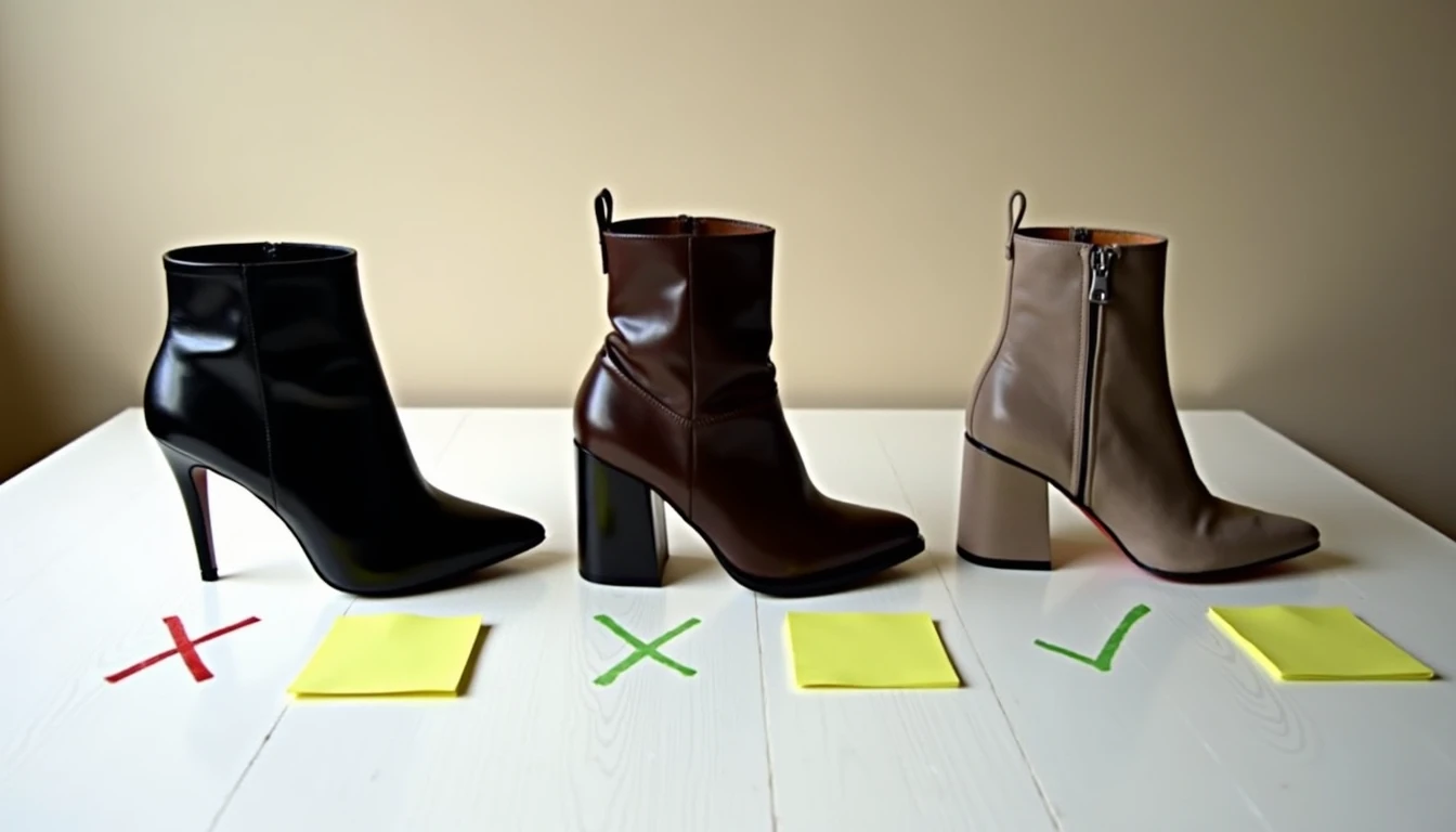 Three ankle boots side by side with X and checkmark notes