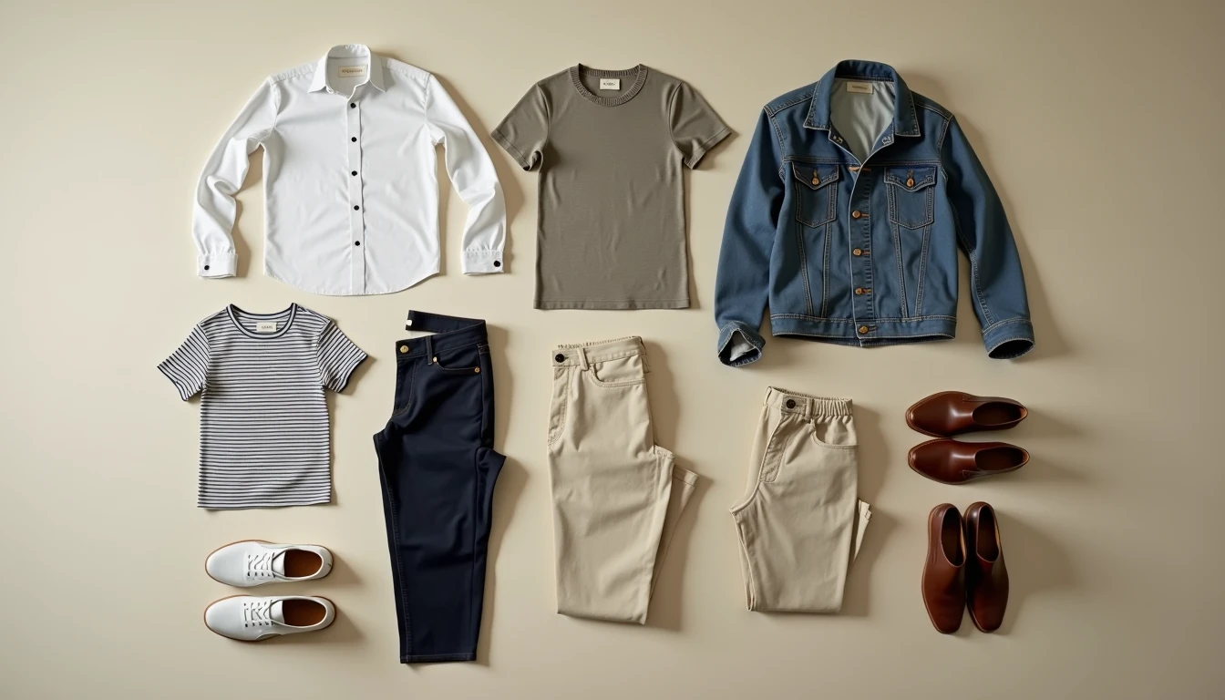 Eight neutral clothing items arranged in a grid