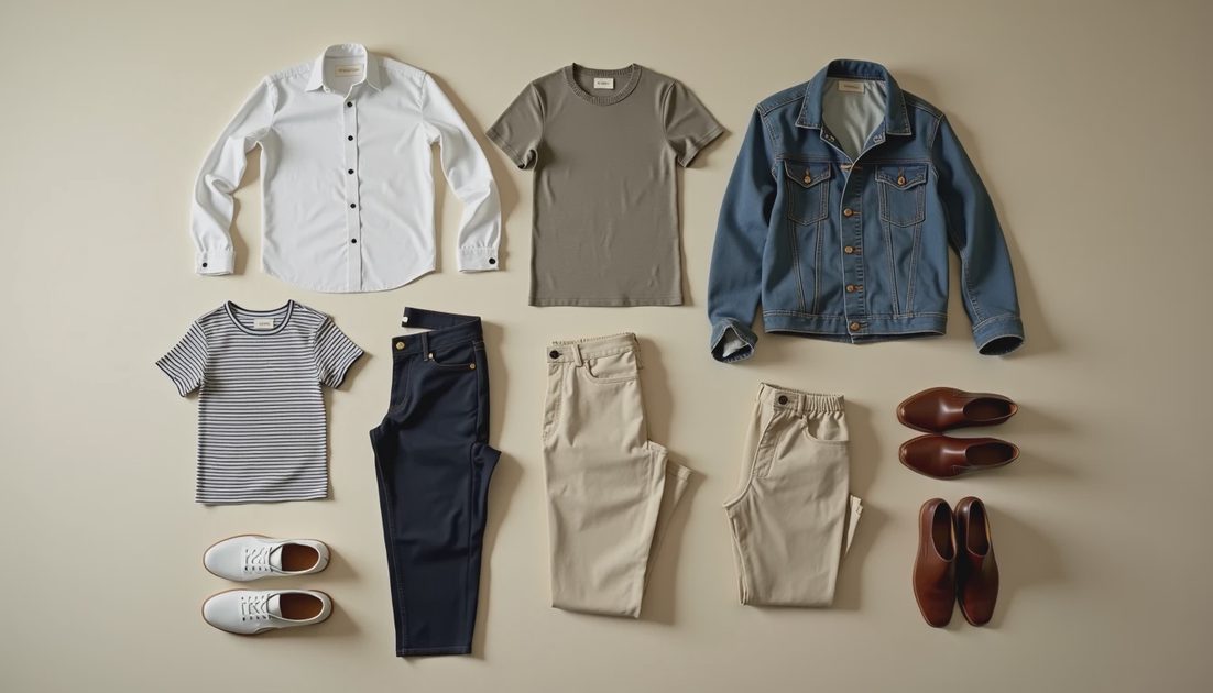 8-Piece Capsule Wardrobe Eight neutral clothing items arranged in a grid