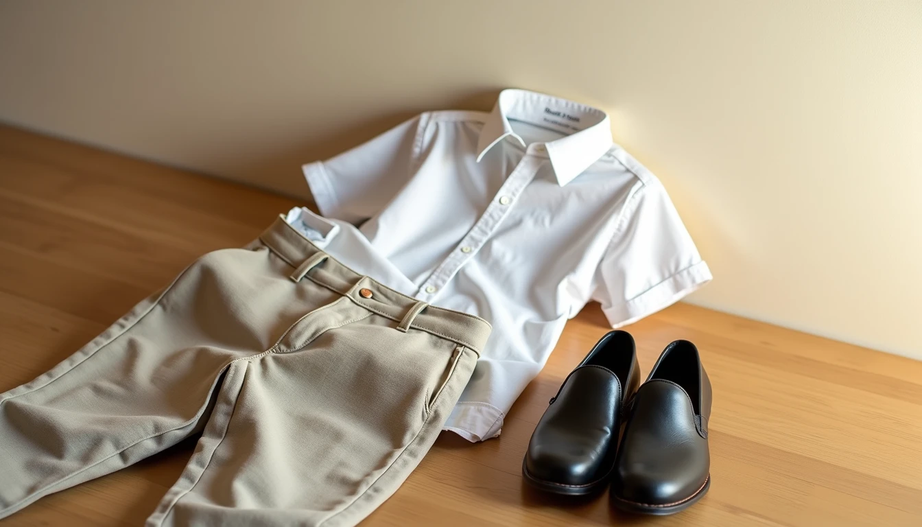 Flat lay of tucked white shirt and beige trousers