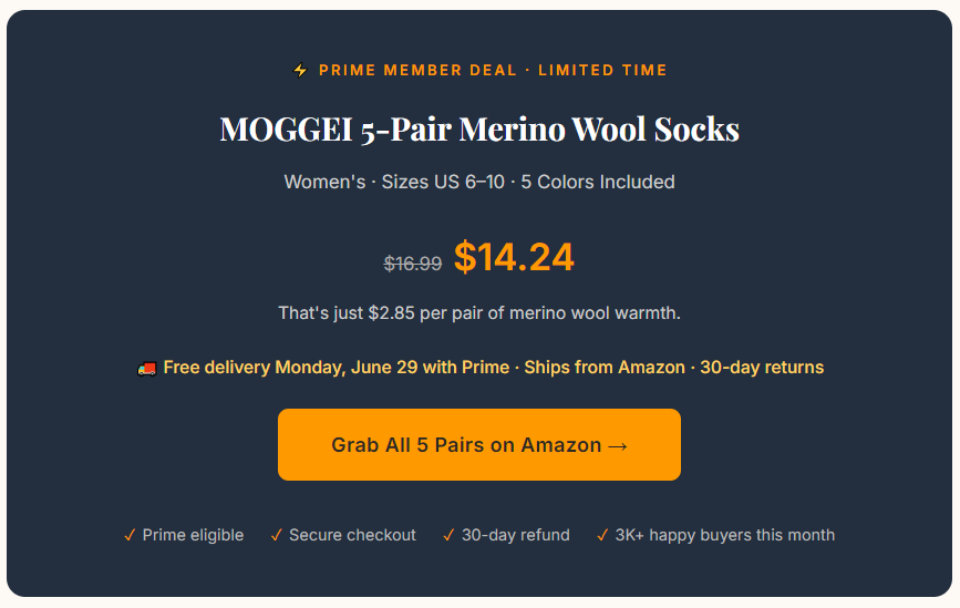 MOGGEI 5-Pair Merino Wool Socks - Amazon Deal