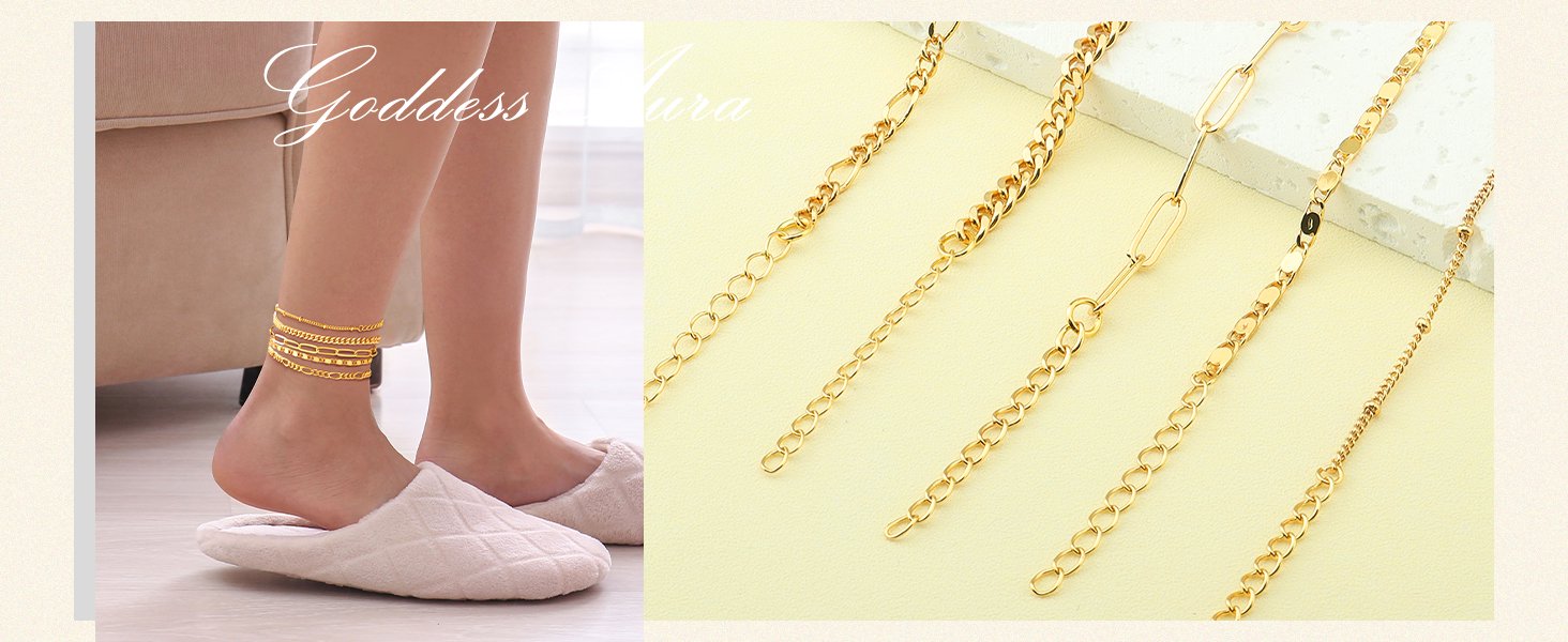 Gold Anklet Set on Model and Chain Extender Details A split image showing a model wearing a stacked five-piece gold anklet set with white slippers on the left, and a close-up of the adjustable gold chain extenders on a light yellow background on the right.