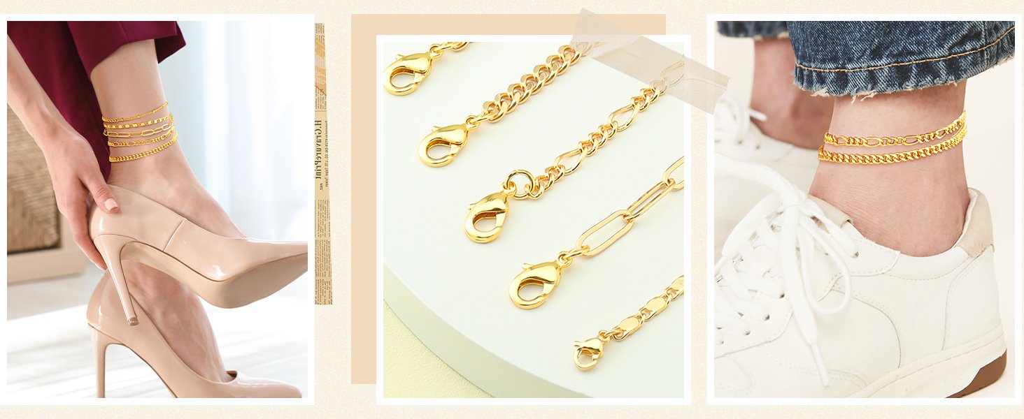 Styling Versatility and Clasp Details of Gold Anklets A three-panel collage showcasing the gold anklet set styled with nude high heels on the left, a close-up of the lobster claw clasps in the middle, and two of the anklets styled with white casual sneakers on the right.