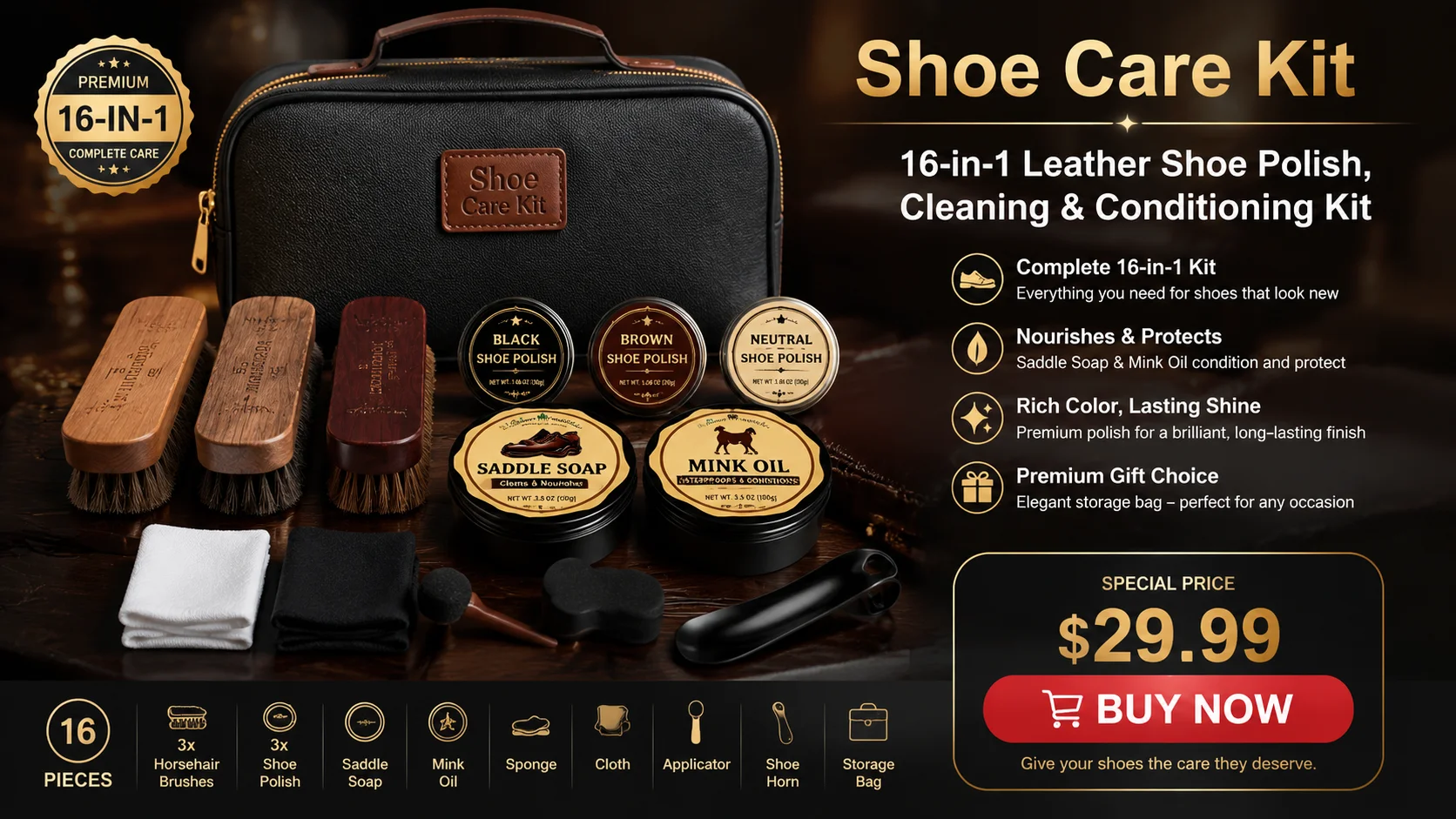 A comprehensive 16-piece leather shoe care kit displayed against a dark background with a priced buy button.
