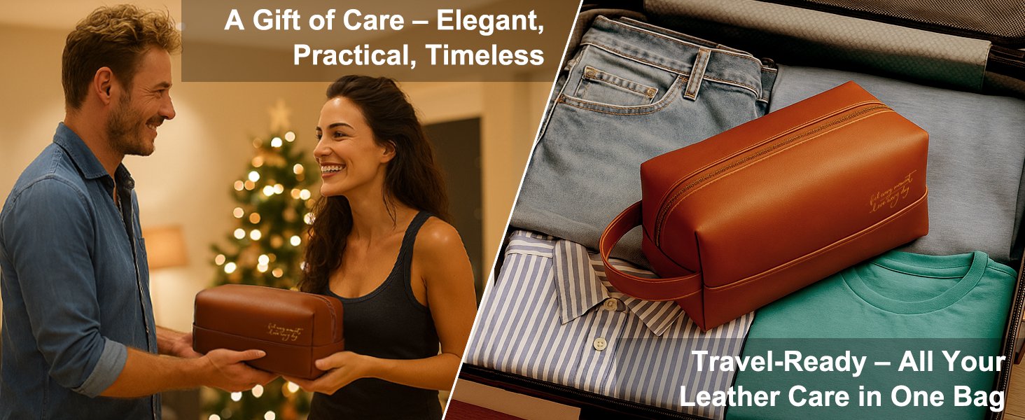 A two-panel image showcasing a leather care kit as a gift and for travel. The left side shows a man gifting a brown leather pouch to a smiling woman in front of a Christmas tree. The right side shows the same pouch neatly packed inside a travel suitcase with clothes.